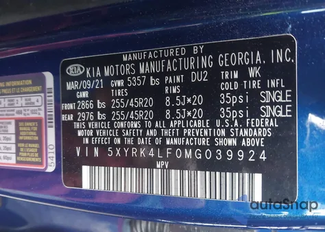 2021 Kia Sorento Sx Prestige z USA, uszkodzony, nr VIN 5XYRK4LF0MG039924